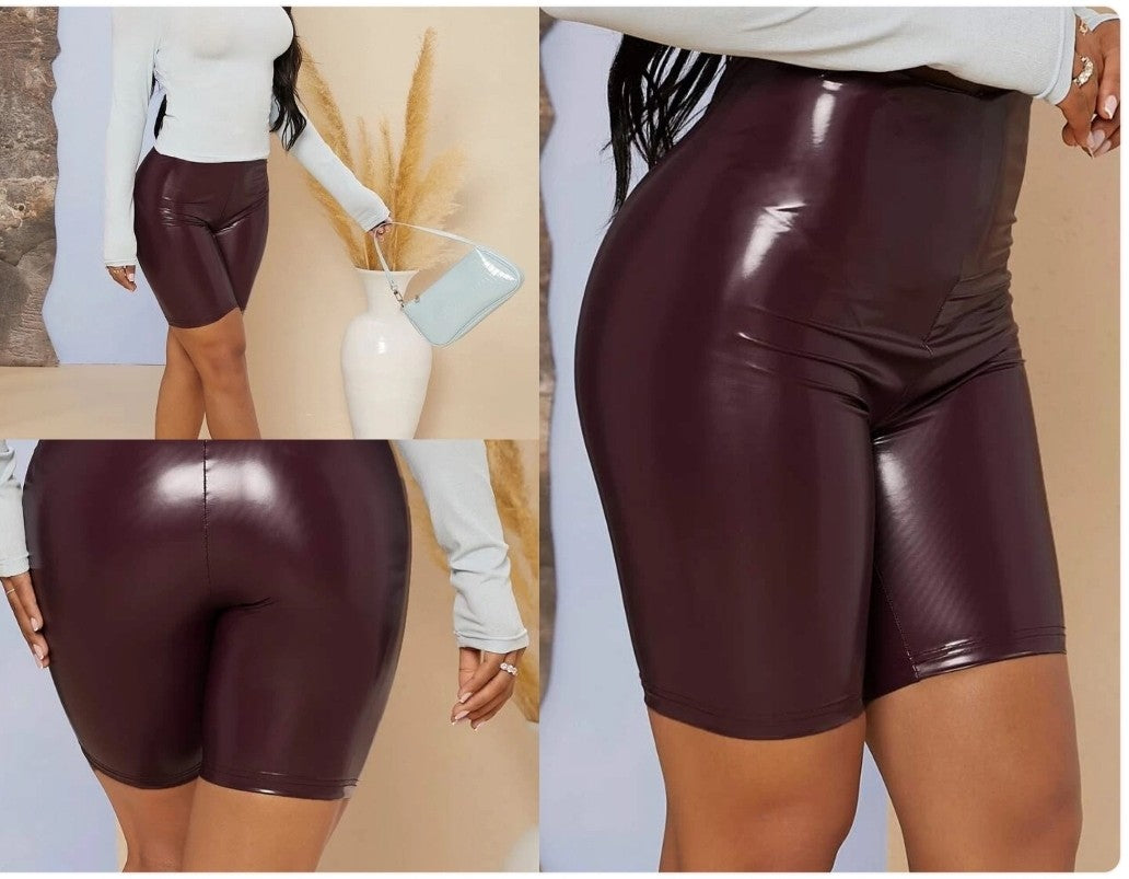 Burgundy wet look biker shorts