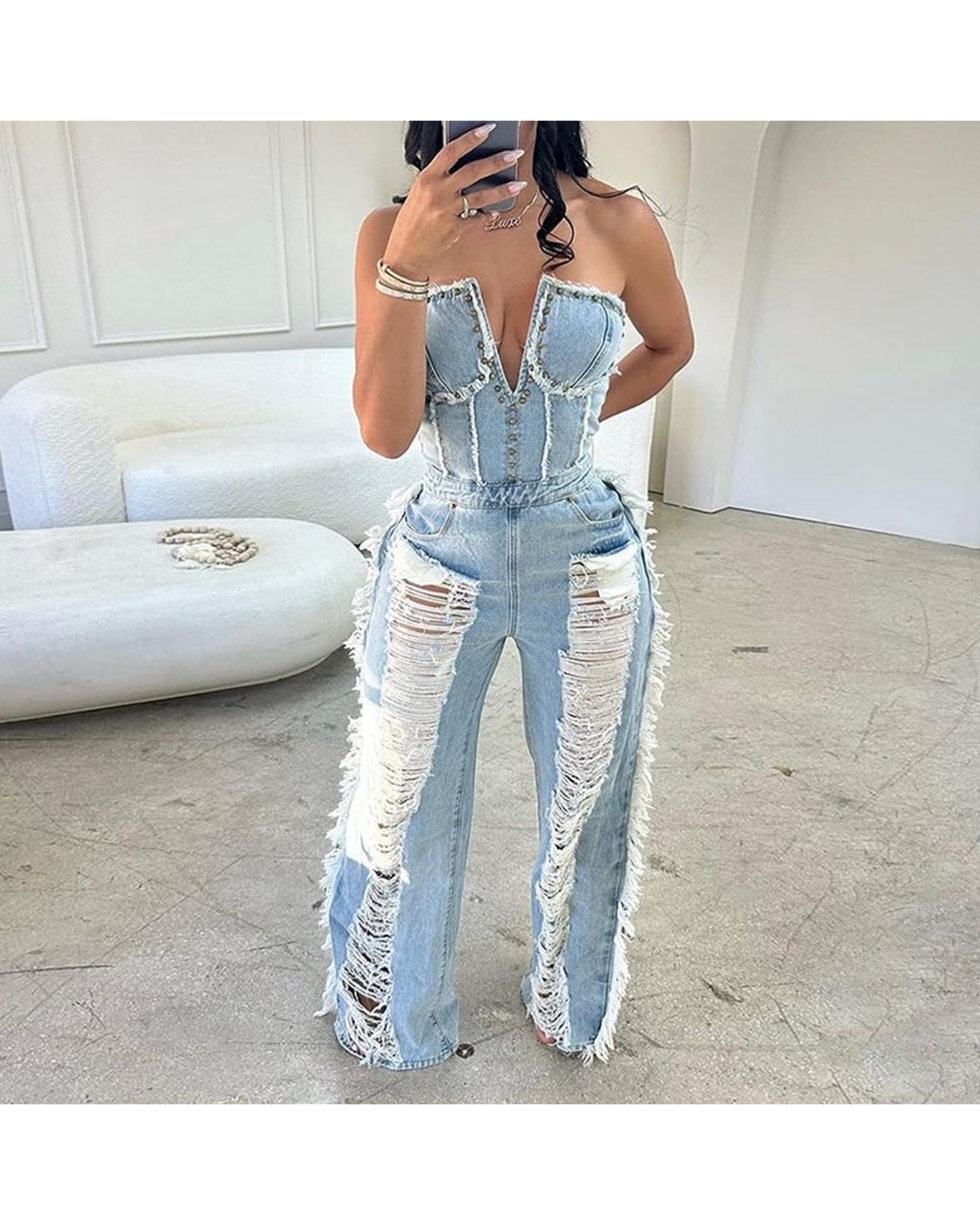 Thee distressed denim jumpsuit