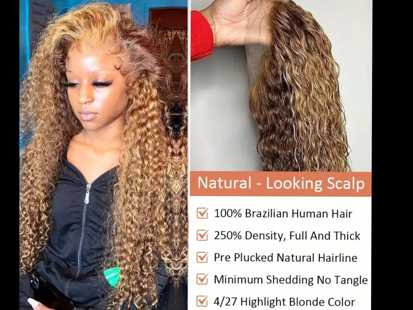 Giselle blonde hightlight kinky Deep wave pre plucked Transparent lace wig