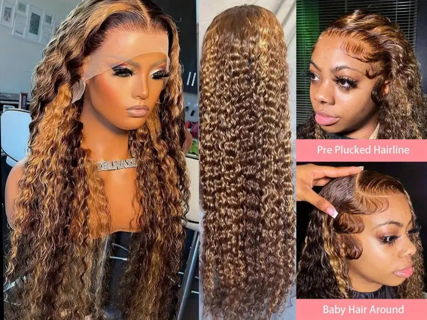 Giselle blonde hightlight kinky Deep wave pre plucked Transparent lace wig