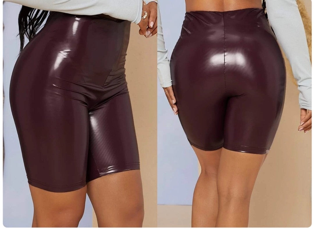 Burgundy wet look biker shorts
